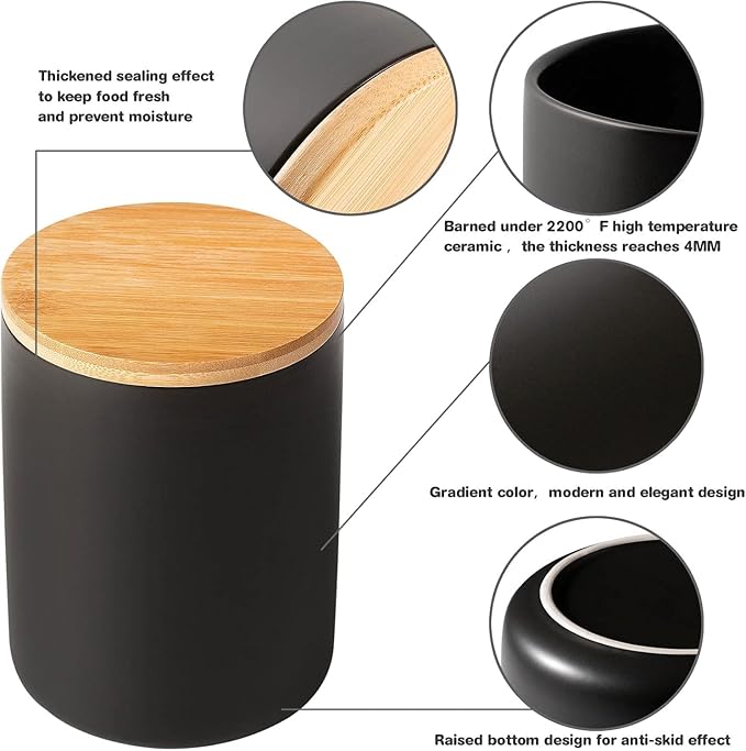 Yangbaga Black Canisters for Kitchen-Kitchen Canisters for Countertop with Airtight Wood Lids/Spoons/Stickers,Ceramic Kitchen Storage Containers for Large Flour,Suger,Coffee（32 OZ)