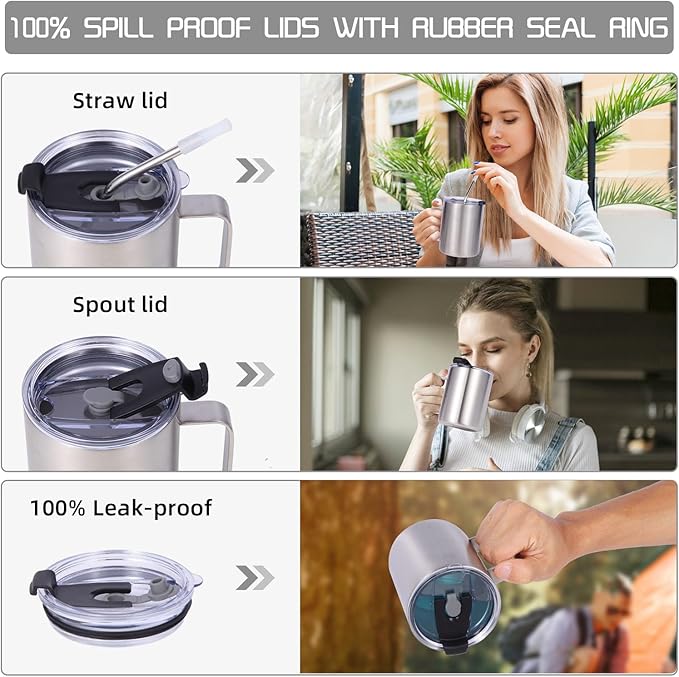 Volhoply 12oz Insulated Leakproof Coffee Mug with Flip & Straw Lid,Double Wall Vacuum Stainless Steel Travel Cafe Tumbler Cup with Handle,Reusable Camping Mugs Keep Cold/Hot(Silver,1 Set)