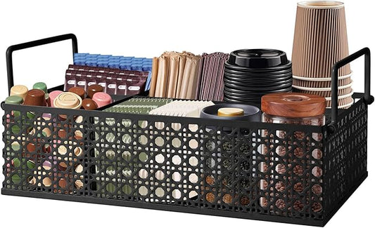 Coffee Bar Organizer, Metal Countertop Station With Handles, Coffee Pods Holder, Tea Condiment Organizer, Mesh Black