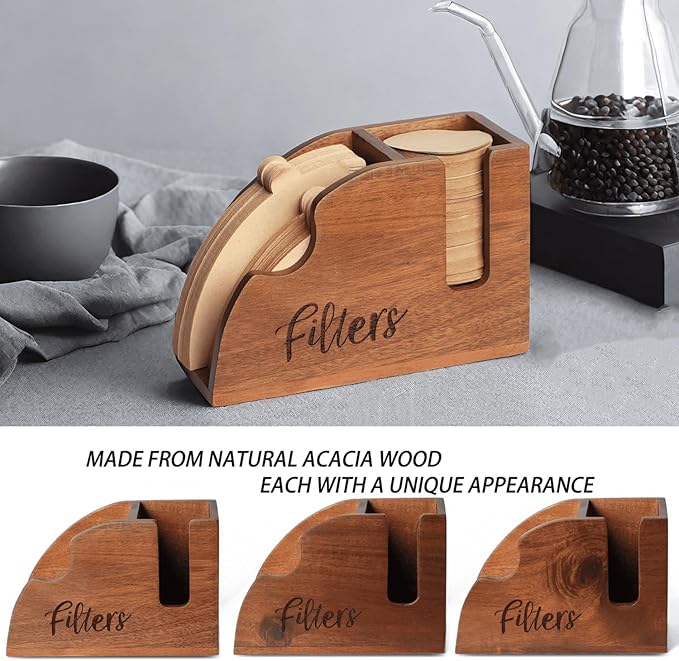 Acacia Wood Coffee Filter Holder - V60 Size 01 & 02 Cone Coffee Filters Storage Organizer, Disposable K-Cup Filter Holder, Coffee Bar Decor