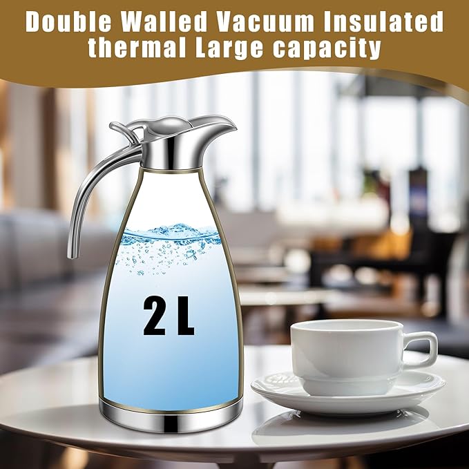 Uiifan 2 Pcs 68 oz Thermal Coffee Carafe Insulated Stainless Steel Coffee Carafe for Hot Liquids Vacuum Thermal Pot Creamer Dispenser with Brushes Keeping Hot Tea Milk Water(Champaign Gold)
