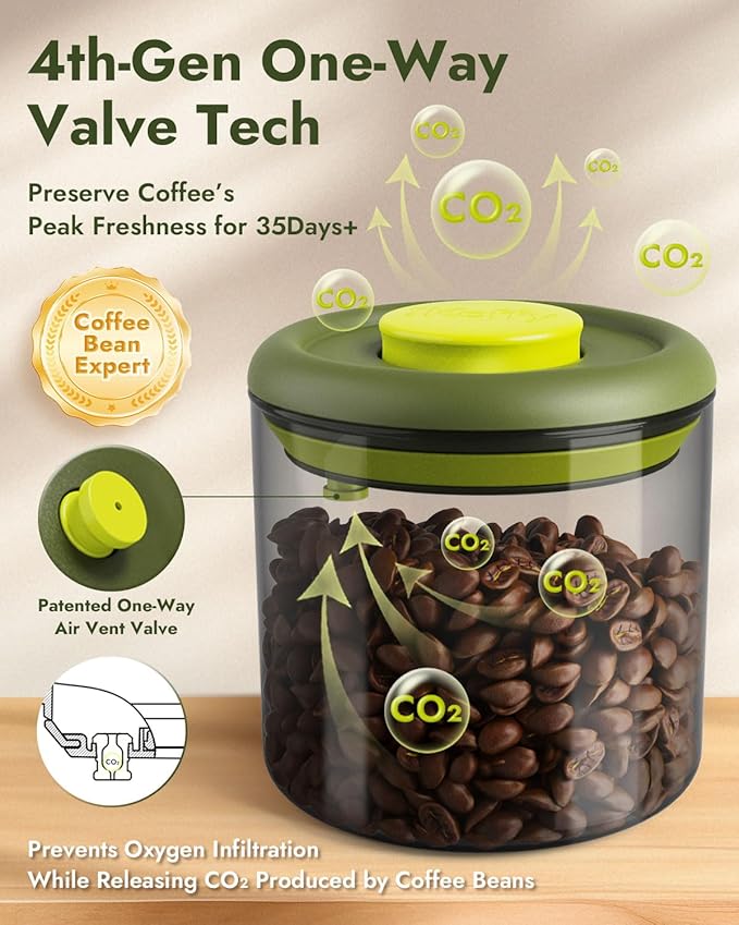 Airtight Coffee Canister – One-Way CO₂ Valve, UV Protection, 3X Thicker Glass, Coffee Bean Storage Container for Ground Coffee & Tea, 20.3 fl oz, for 0.5 lb Beans