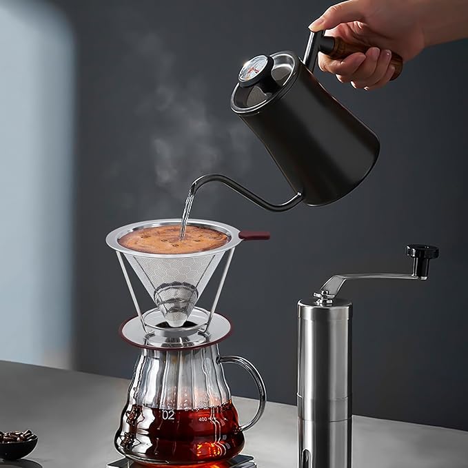 Pour Over Coffee Dripper Stainless Steel Coffee Filter Metal Cone Filter Paperless Reusable Single Cup Maker 1-2 Cup With Non-slip and Removable Cup Stand