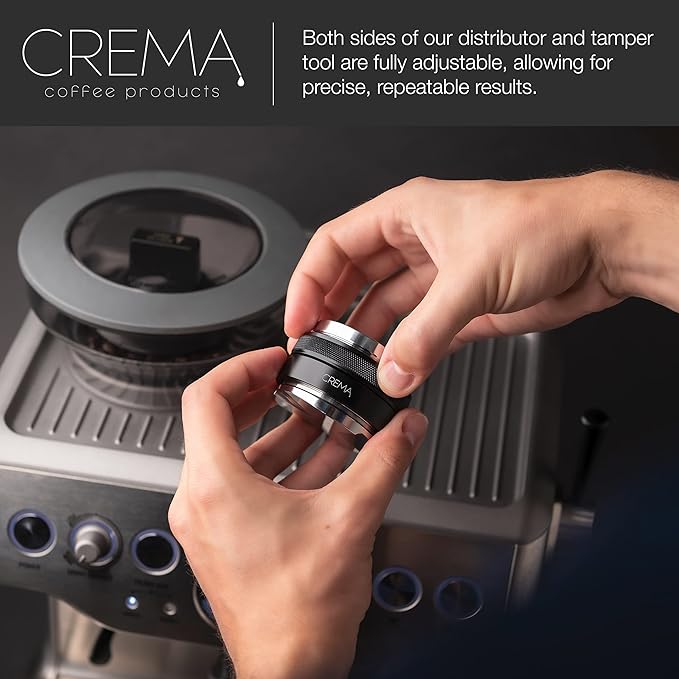 CREMA Coffee Products 54mm Hand Tamper & Coffee Distributor | Compatible with Breville Portafilters| Double-Sided, Adjustable Depth Tool | Made with Durable 304 Stainless Steel | Black