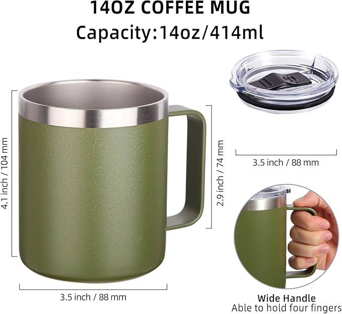 Volhoply 14oz Insulated Stainless Steel Coffee Mug with Lid Bulk 4 Pack,Double Wall Vacuum Travel Coffee Cup with Handle,Reusable Cups Tumbler,Camping Mugs Keep Hot,Ideal Gifts(Army Green,4)