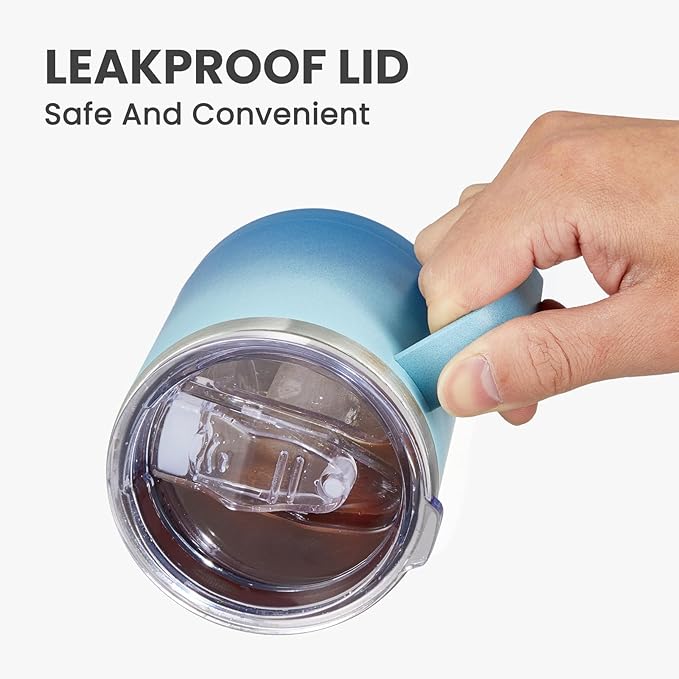 MEWAY 12oz Coffee Mug With Handle and Sliding Lid,Stainless Steel Travel Tumbler Cup with Handle,Double Wall Vacuum Insulated Camping Cup for Hot & Cold Drinks Tea (Blue Waves,Set of 1)