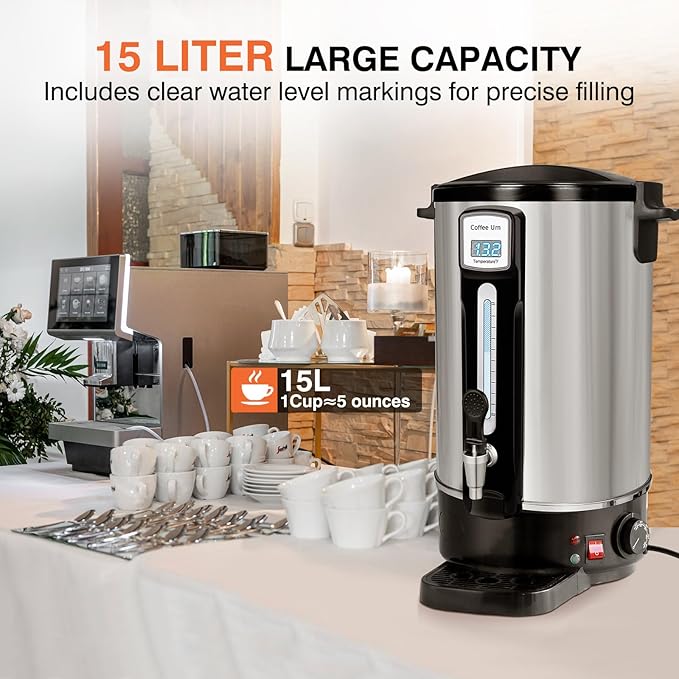 50-Cup Commercial Coffee Urn - Stainless Steel Double-Wall Coffee Maker with Percolator & Keep-Warm Function - Ideal for Events, Offices, Parties, and Catering (50 Cups - Double Layer)
