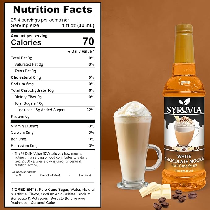 Syruvia White Chocolate Mocha Coffee Syrup - 25.4 fl oz -No Coloring, Perfect for Drinks, Soda, Shakes, Desserts, and More With Pump