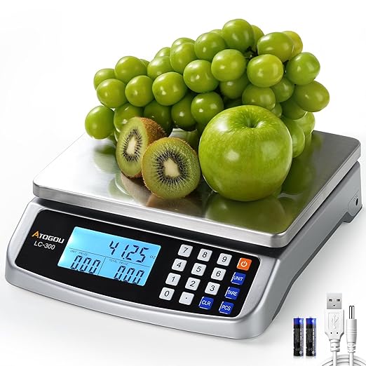 110lb Food Scale, Commercial Kitchen Scale with Price Computing, Plug-in Usable, 0.05oz/1g, 304 Stainless Steel, for Cooking, Vegetables, Farm, Industry, Counting. LC300 Silver