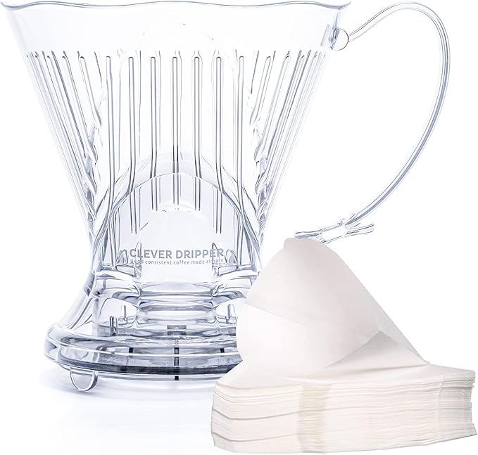 Clever Coffee Dripper and Filters, Large 18 oz, Original Classic Design, Safe BPA Free Plastic, dripper coffee maker, drip coffee maker pour over, 100 filters, coaster and lid, 18 oz (Clear)