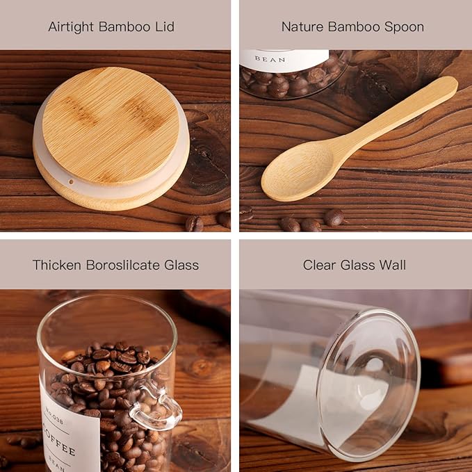 Glass Jar with Bamboo Lid and Spoon - 4 Pcs 17 oz Sugar Container with 132 Food Pantry Labels - Glass Containers with Wooden Lids Hold Coffee, Tea, Candy