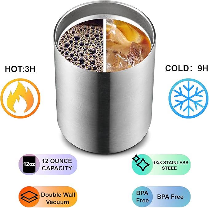 MEWAY 12 oz Lowball, Tumbler Stainless Steel Double Wall Vacuum Insulated Mug with Straw and Lid, Cleaning Brush ，Durable Powder Coated Insulated Coffee Cup for Cold & Hot Drinks (Silver,4 pack)