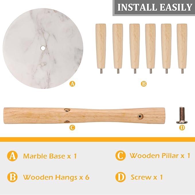 WORHE Mug Holder Marble Base with 6 Hooks Coffee Cup Rack Organizer for Countertop, Round Mugs Stand Hanger for Kitchen Counter Cabinet Bar Accessories and Home Decor White (MH001)