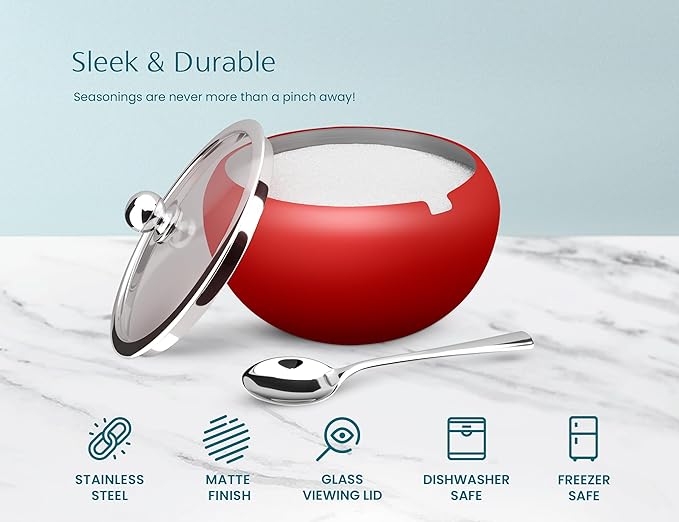 KooK Stainless Steel Sugar Bowl with Lid and Spoon, Serving Dish, Clear Glass Lid, Storage for Salt, Candy, Coffee, Holds 2 Cups, Dishwasher Safe, 16 oz Matte Rose