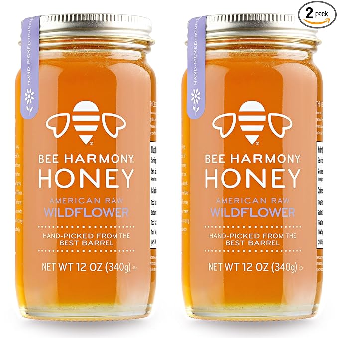 Bee Harmony American Raw Wildflower Honey, 12 OZ (Pack of 2 Jars)