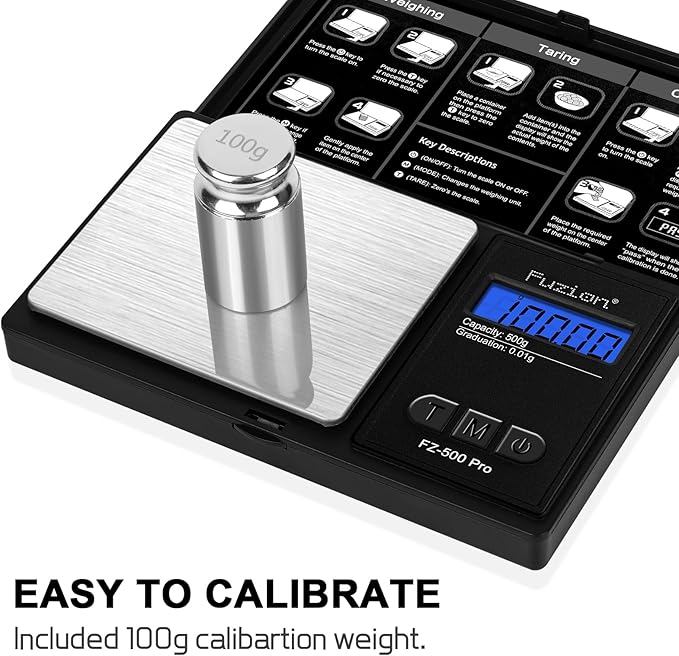 Fuzion Gram Scale, Digital Pocket Scale .01 Gram Accuracy, 500g Mini Jewelry Scale, Small Scale for Food, Herb, Spice, Coin - Weight Gram and Oz - 100g Calibration Weight