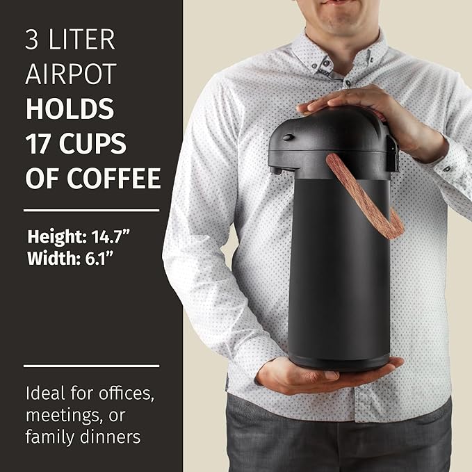 Thermal Coffee Carafe 102Oz w/Wood Trim, Keeps Coffee Hot for 12Hrs & Cold for 36Hrs-Premium Stainless Steel Carafe for Hot Liquids, Easy One-Handed Dispensing for Office, Home, Party, Durable Airpot