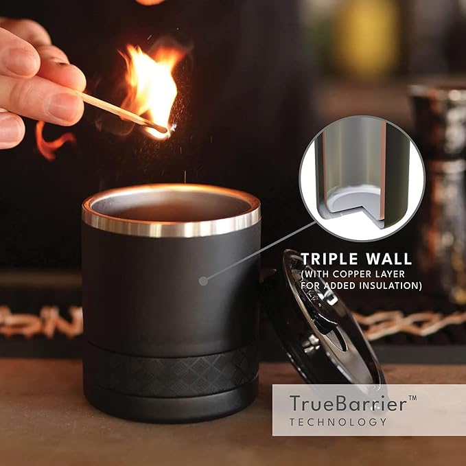 Elemental Recess Lowball Tumbler Set of 2, 10oz Triple Wall Stainless Steel Cup with Non-Shattered Tritan Lid, Insulated Whiskey Glass, Insulated Coffee Tumbler Mug for Hot & Cold Drinks - Black