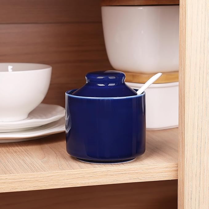 HAOTOP 8 oz Sugar Bowl with Lid and Spoon,Ceramic Sugar Jar Sugar Dispenser Sugar Container Coffee Bar Accessories, Kitchen Countertop Canisters (Navy)