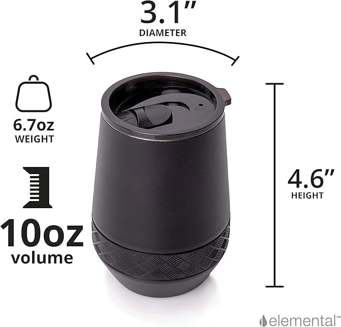 Elemental Recess Wine Tumbler - Triple Wall Insulated Stainless Steel Coffee Mug for Hot & Cold Drinks - Portable Cup with Shatterproof Sip Lid for Camping, Outdoor & Travel - 10oz - Black