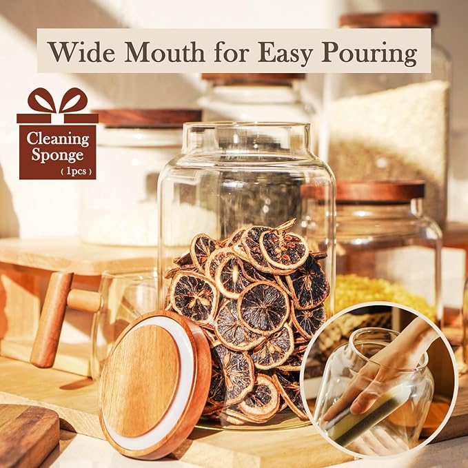 Labina Glass Storage Container Airtight Food Jars Kitchen Canister with Wood Lids, 88 Oz Wide Mouth Pantry Organization Glass Jar for Flour, Sugar, Cookie, Spagetti, Nuts and Candy (2 Pack)