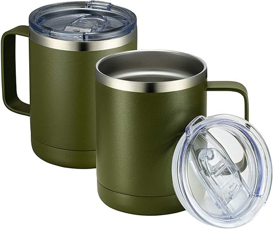 MEWAY 12oz Coffee Mug With Handle 2 Pack Bulk,Stainless Steel Insulated Travel Tumblers With Sliding Lid,Double Wall Vacuum Camping Cup for Hot & Cold Drinks Tea (Army Green,Set of 2)
