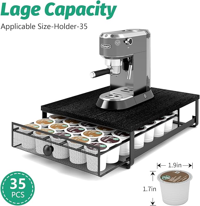 Coffee Pod Holder Counter Coffee Vertuo Capsules Storage Organizer with Sliding Drawer Compatible For 35 K-Cup Pods No Assembly Needed Black