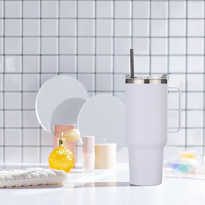 HASLE OUTFITTERS 40 oz Stainless Steel Tumbler with Handle, Vacuum Insulated Tumblers Bulk, Reusable Double Wall Travel Coffee Mug, Durable Powder Coated Water Bottles(White, 4)