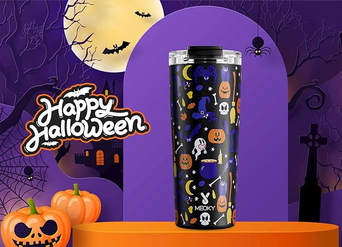 Meoky 24 oz Halloween Travel Coffee Mug with Leak-proof Lid, Glow in the Dark Stainless Steel Insulated Coffee Tumbler, Keeps Hot for 8 Hours, Fits in Car Cup Holder(Haunted Pumpkin)