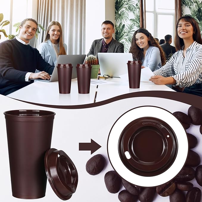 Domensi 15 Pack Reusable Coffee Cups with Lids 16 oz Disposable Travel Cups Bulk Plastic to Go Coffee Tumblers for DIY Hot Cold Drink Party Favors Coworker, Microwaveable (Brown)