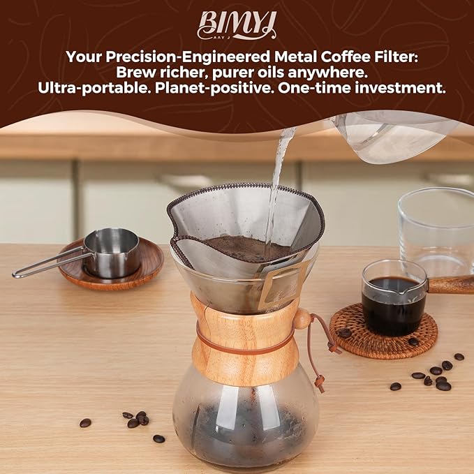 Stainless Steel Pour Over Coffee Filter Reusable - Foldable Metal Coffee Filter with Hanging Ears, Compatible with Chemex & Glass Coffee Drippers (6-10 Cups, Silver)