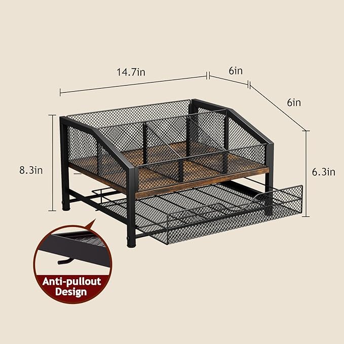 Coffee Bar Organizer - Coffee Station for Countertop, Metal and Wood K Cup holder Storage Basket with Drawer for Syrup, Cups, Stirrer, Condiment, Tea Organizer, Brown