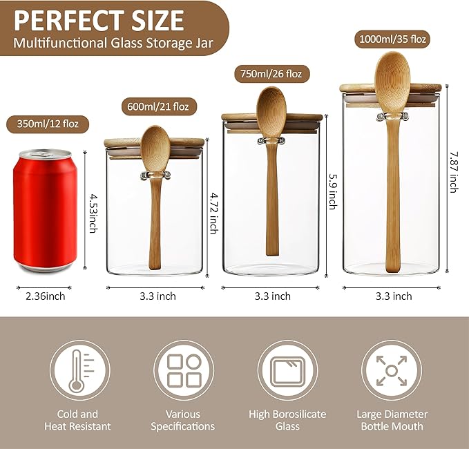 34 oz/1000 ml Glass Storage Canister with with Airtight Lid, Cute Clear Decorative Container Jar with Wooden Spoon for Coffee Spice Candy Salt Cookie Condiment Sugar Matcha Tea Overnight Oats