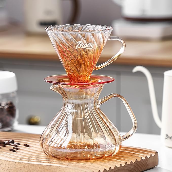 Bincoo Pour Over Coffee Maker Set,650ML Borosilicate Glass Carafe with Coffee Driper&50pcs Paper Filter,Glass Coffee Maker for Home Café Restaurant(Champagne)
