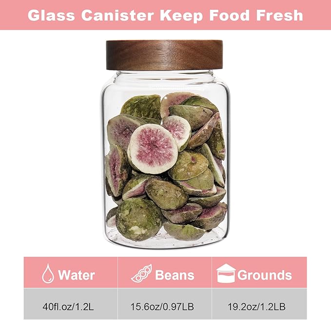 Glass Coffee Jars Spice Jar Round Storage Canister with Wooden Lid Clear Glass Food Jar for Pantry Sugar Tea Coffee Bean Spice Nuts Cookies Bath Salts (1200ml/40oz-1pack-A)