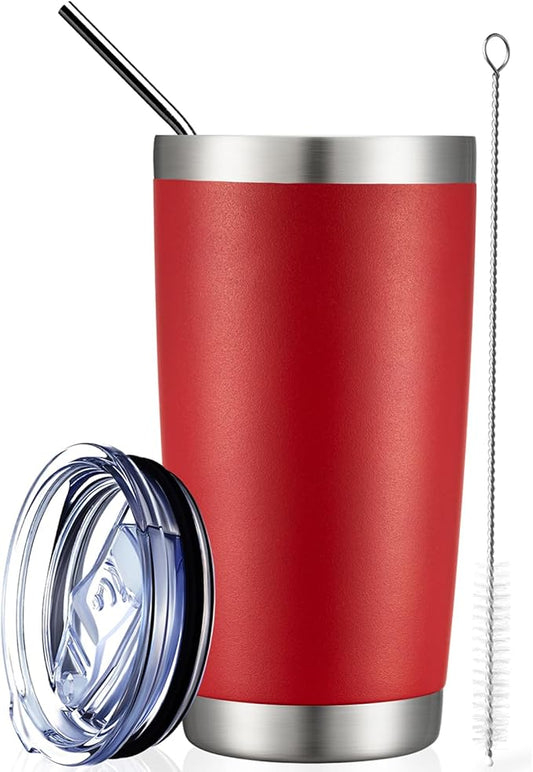 COMOOO 20oz Double Wall Vacuum Insulated Travel Mug, Stainless Steel Tumbler with Lid and Straw Durable Powder Coated Insulated Coffee Cup for Cold & Hot Drinks (Red, 1 PACK)