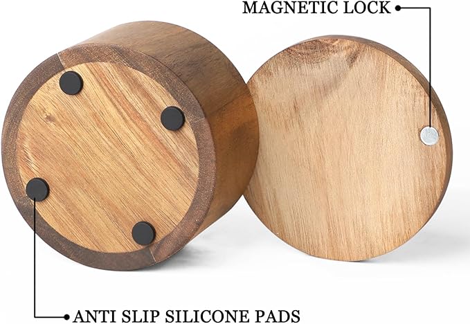 Acacia Wood Spice Box with Swivel Cover for Kitchen Countertop,Salt Keeper with Built-in Spoon,Modern Farmhouse Kitchen Decoror for Storing Seasonings (Labeled Salt & Pepper)