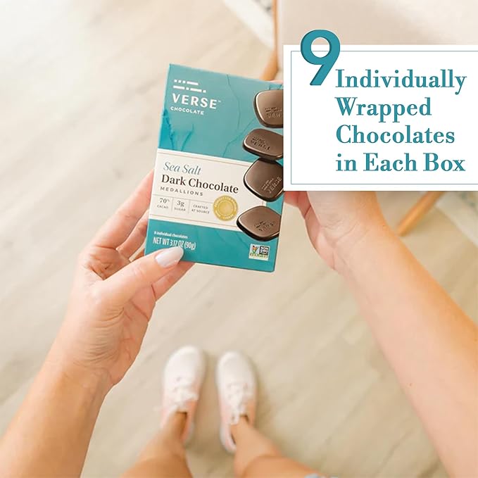 Verse Dark Chocolate Sea Salt Squares - Only 3g Cane Sugar - Creamy 70% Cocoa Dark Chocolate - Individually Wrapped Cacao Bar Squares (9 Count, 2 Pack)