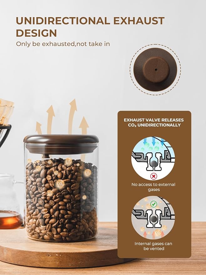 Glass Coffee Bean Jar 900 ml – Pop Top Air Tight Coffee Bean Container with CO2 Valve, 11 oz Coffee Storage Airtight Canister