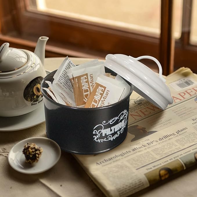SOTECH Coffee Filter Holder Storage Metal Box Black Container Organizer Round Dispenser for Counter and Room Decor Coffee Bar Accessories
