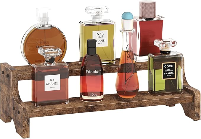 Wood Display Stand, 2 Tier Perfume Organizer Display Riser Cupcake Stand, Tiered Step Shelf Countertop Spice Storage Holder for Kitchen Pantry Cabinet, Rustic Brown