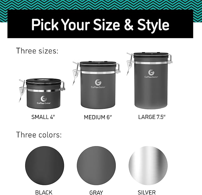 Coffee Gator Coffee Canister, 16oz Airtight Stainless Steel Kitchen Food Storage Container with Date Tracker, Scoop for Sugar,Grounds Coffee, Beans,Tea, Sugar, Cereal, Flour, Cookies Jars - Silver