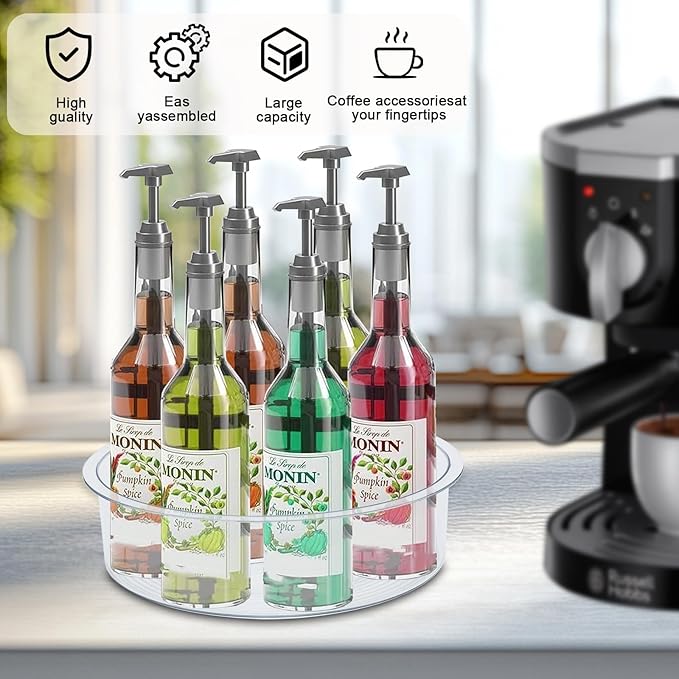 Rotating Coffee Syrup Organizer,7 Bottle Syrup Rack,Small Wine Rack for Coffee Bar,Clear Plastic Spinning Display Stand for Syrup Wine Dressin