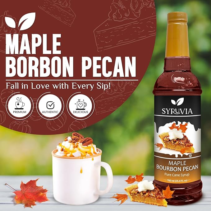 Syruvia Coffee Syrup, Maple Bourbon Pecan Flavored Syrup for Drinks, Lattes, and Desserts – 25.4 fl oz, With Pump