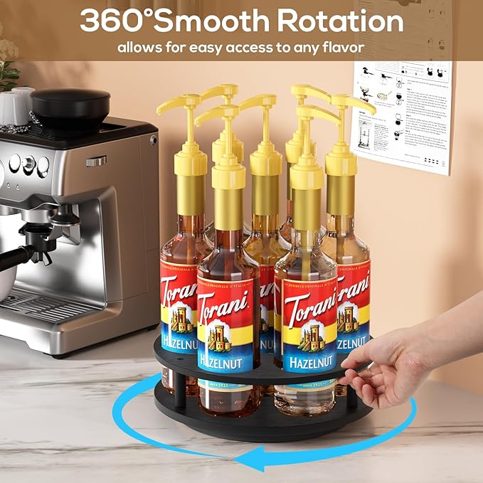 THYGIFTREE Rotating Coffee Syrup Organizer 7 Bottles Syrup Rack for Countertop Wood Syrup Bottle Holder Stand for Coffee Bar Station, Turntable Wine Display Tray, Black