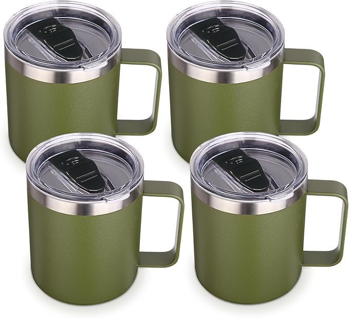 Volhoply 14oz Insulated Stainless Steel Coffee Mug with Lid Bulk 4 Pack,Double Wall Vacuum Travel Coffee Cup with Handle,Reusable Cups Tumbler,Camping Mugs Keep Hot,Ideal Gifts(Army Green,4)