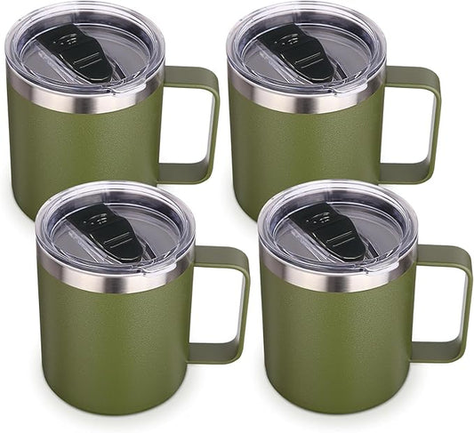 Volhoply 14oz Insulated Stainless Steel Coffee Mug with Lid Bulk 4 Pack,Double Wall Vacuum Travel Coffee Cup with Handle,Reusable Cups Tumbler,Camping Mugs Keep Hot,Ideal Gifts(Army Green,4)