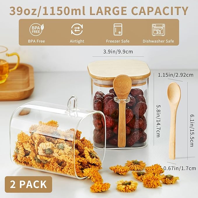 Glass Jars with Airtight Bamboo Lids and Spoons, 2PCS 1150ml/39oz Overnight Oats Containers with Lids, Glass Food Storage Containers for Coffee Beans, Flour, Sugar, Cookie, Pasta, Tea Leaf