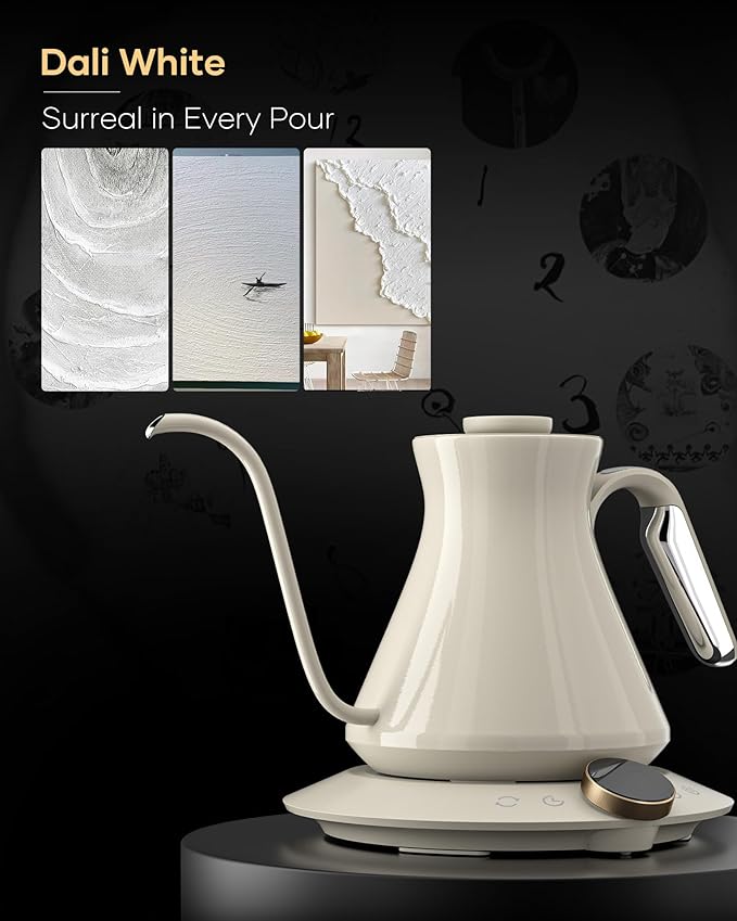 Cocinare FLOW M6 Pro Electric Gooseneck Kettle, ±0.5℉ Temperature Control for Pour-over Coffee & Tea, Stainless Steel Interior, Quick Heating for Boiling Water (Dali White)