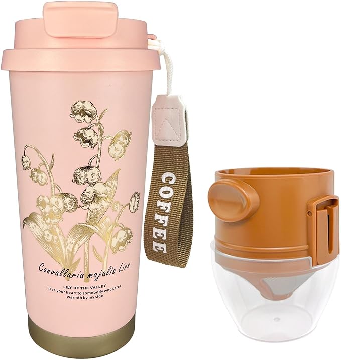17oz Camping Coffee Makers with Ceramic Coating,Camp Pour Over Coffee Maker Set,Double Wall Vacuum Leak-Proof Mug for Office School Party Camping,Tea Infuser Mug for Loose Leaf Tea (17oz Pink)